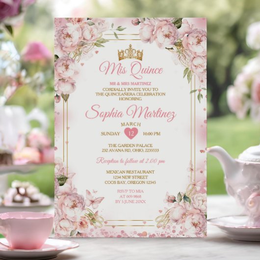 Invitation Elégante Dusty Blush Rose Fleurs Or Mis Quince