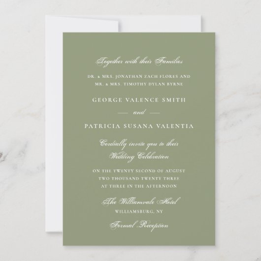 Invitation Élégante écriture verte mousse pour mariage (Devant)