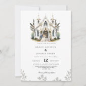 Invitation Elégante Eglise aquarelle Lieu Manoir Mariage (Devant)