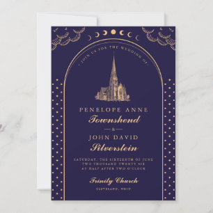 Invitation Élégante église violet or Mariage Art déco