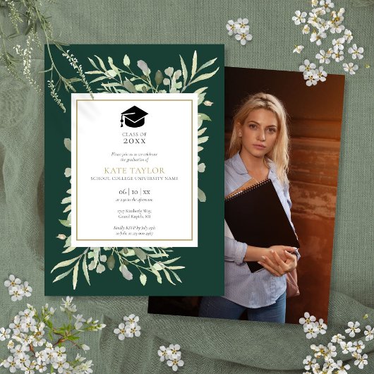 Invitation Elégante Emerald Green Photo Graduation Party