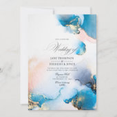 Invitation Élégante encre d'alcool bleu et or avec accents de (Devant)