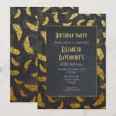 Invitation Elégante Et Chic Plumes Noir Et Or Anniversaire (Devant / Derrière)