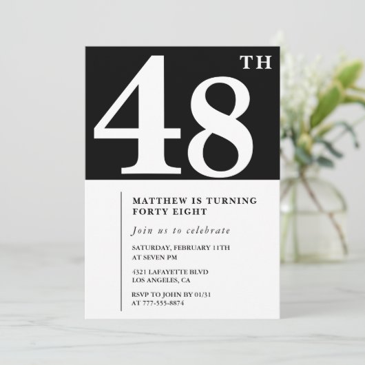 Invitation élégante et chic pour les 48 ans en noi (Debout devant)