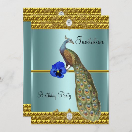 Invitation élégante et unique avec or et paon (Devant / Derrière)