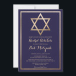 Invitation Elégante étoile de David : Bat mitzvah moderne<br><div class="desc">Célébrez la journée spéciale de votre enfant avec notre invitation bat mitzvah moderne et élégante. Le design est composé d'une feuille d'or imitation Star of David et bordure, dressée contre un simple arrière - plan bleu marine orné d'une typographie cursive ornée. Cette invitation chic, jolie, minimaliste et royale est le...</div>