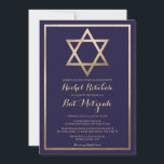 Invitation Elégante étoile de David : Bat mitzvah moderne<br><div class="desc">Célébrez la journée spéciale de votre enfant avec notre invitation bat mitzvah moderne et élégante. Le design est composé d'une feuille d'or imitation Star of David et bordure, dressée contre un simple arrière - plan bleu marine orné d'une typographie cursive ornée. Cette invitation chic, jolie, minimaliste et royale est le...</div>