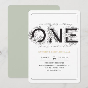 Invitation Elégante Eucalyptus Green Floral Girl 1er annivers