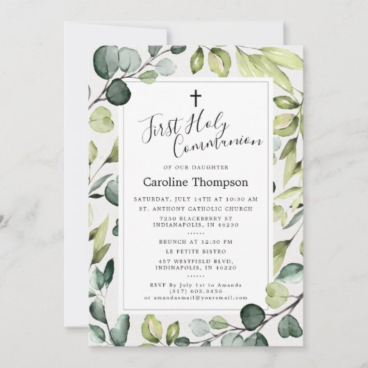 Invitation Elégante Eucalyptus Verdure Première Communion Sai (Devant)