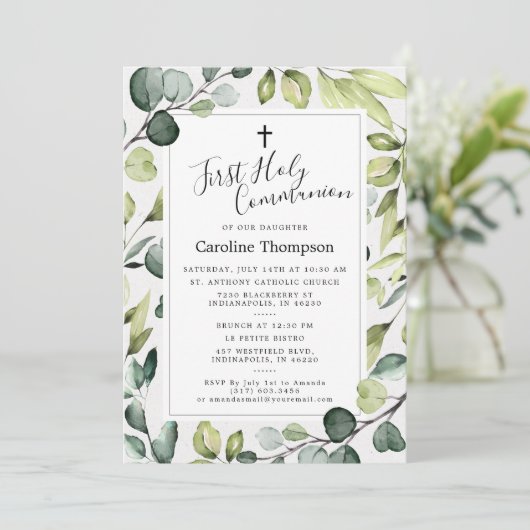 Invitation Elégante Eucalyptus Verdure Première Communion Sai (Debout devant)