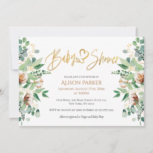 Invitation Elégante Eucalyptus Verdure Typographie Or (Devant)