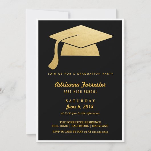 Invitation Élégante Faux Gold Foil Grad Casquette Graduation  (Devant)