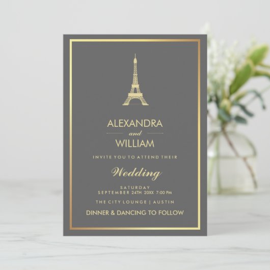 Invitation Elégante Faux Gold Tour Eiffel sur Mariage gris (Debout devant)