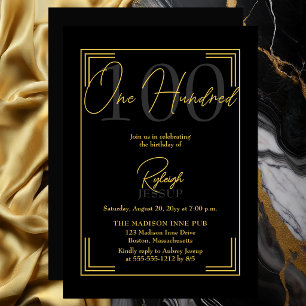 Invitation Élégante Fête Art Déco du 100e Anniversaire Or Noi