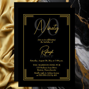 Invitation Élégante Fête Art Déco pour 90e Anniversaire en No