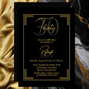 Invitation Élégante Fête Art Déco pour les 30 ans, Noir et Or