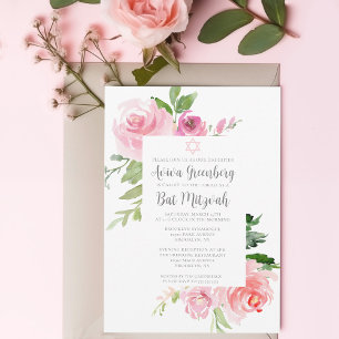 Invitation Élégante fête Bat mitzvah d'aquarelle rose