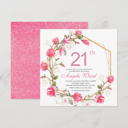 Invitation Elégante fête d'anniversaire aquarelle magnolia f (Devant / Derrière)