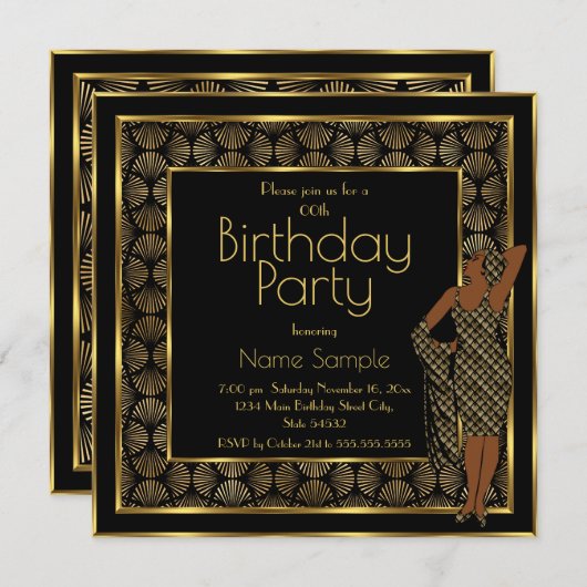 Invitation Élégante fête d'anniversaire Black Gold Art déco d (Devant / Derrière)
