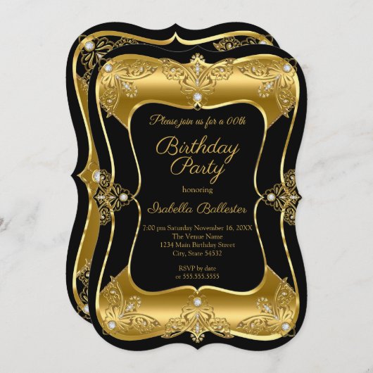 Invitation Élégante fête d'anniversaire Black Gold Elite Diam (Devant / Derrière)