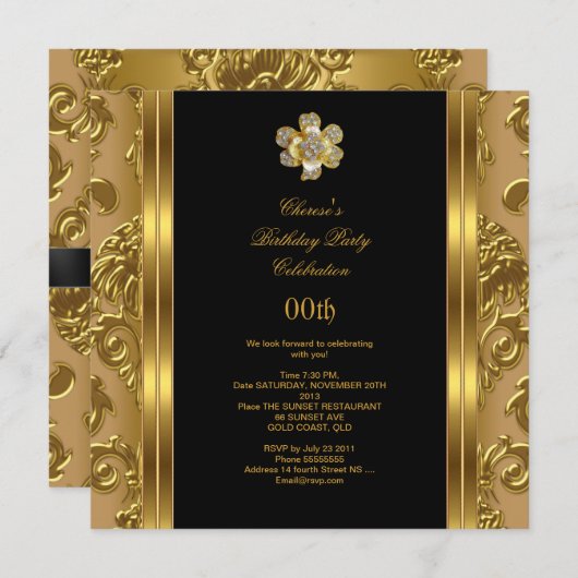 Invitation Elégante fête d'anniversaire Damask Gold Diamond N (Devant / Derrière)