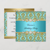 Invitation Elégante fête d'anniversaire Damask Turquoise Blue (Devant / Derrière)