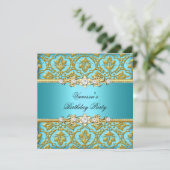 Invitation Elégante fête d'anniversaire Damask Turquoise Blue (Debout devant)