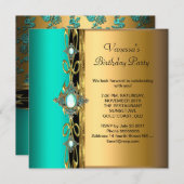 Invitation Elégante fête d'anniversaire Damask Turquoise Vert (Devant / Derrière)