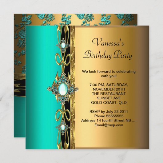 Invitation Elégante fête d'anniversaire Damask Turquoise Vert (Devant / Derrière)