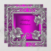 Invitation Élégante fête d'anniversaire d'argent rose chaud (Devant / Derrière)