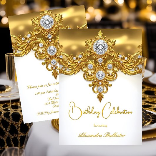 Invitation Élégante fête d'anniversaire Diamants d'or blanc