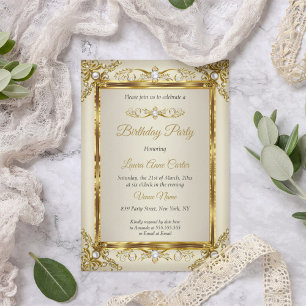 Invitation Élégante fête d'anniversaire en crême et or avec d