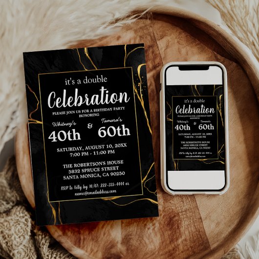 Invitation Élégante fête d'anniversaire en marbre noir et or