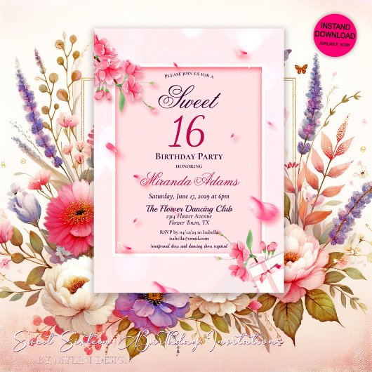 Invitation Elégante fête d'anniversaire en Sweet sixteen rose