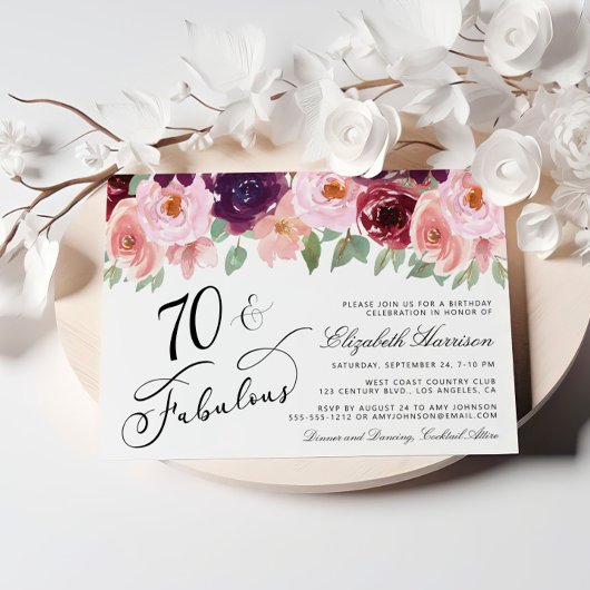 Invitation Élégante fête d'anniversaire Floral Bourgogne rose