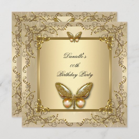 Invitation Elégante fête d'anniversaire Gold Beige Butterfly (Devant / Derrière)
