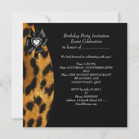 Invitation Élégante fête d'anniversaire Leopard Black Diamond (Dos)