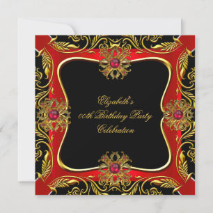 Invitation Élégante Fête d'anniversaire Noir Bijou Or Rouge