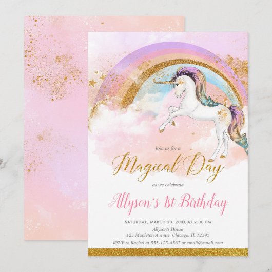 Invitation Elégante fête d'anniversaire pastel unicorn pastel (Devant / Derrière)
