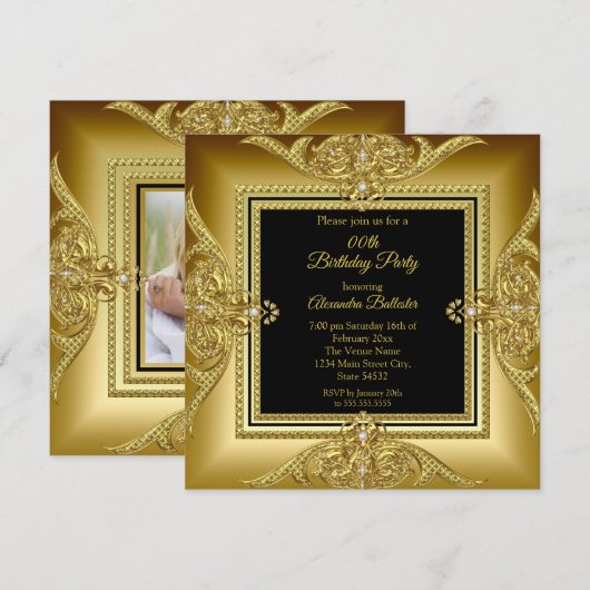 Invitation Elégante fête d'anniversaire Photo Black Gold Fram (Devant / Derrière)