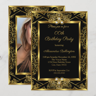 Invitation Élégante fête d'anniversaire photo noir or bijou