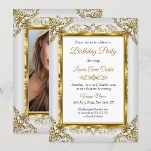 Invitation Élégante Fête d'Anniversaire Photo Perle Grise Dor