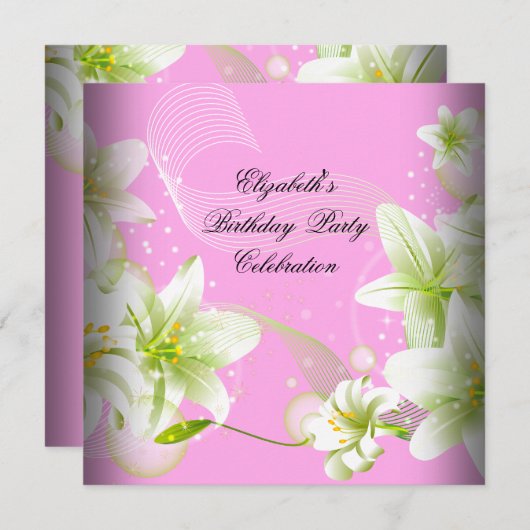 Invitation Élégante fête d'anniversaire rose vert blanc flora (Devant / Derrière)