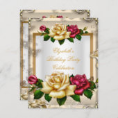 Invitation Elégante fête d'anniversaire Roses White Gold Red (Devant / Derrière)