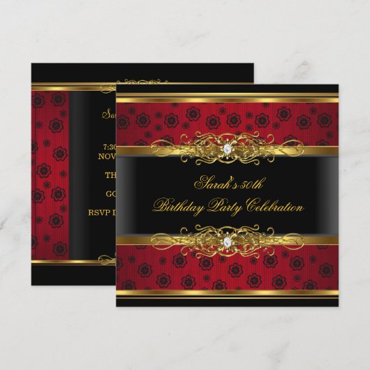 Invitation Élégante fête d'anniversaire Rouge Black Gold Lace (Devant / Derrière)