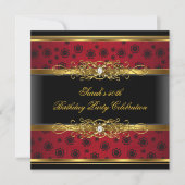 Invitation Élégante fête d'anniversaire Rouge Black Gold Lace (Devant)