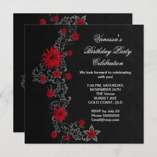 Invitation Élégante fête d'anniversaire Rouge Noir Argent Flo