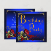 Invitation Élégante fête d'anniversaire Royal Blue and Red Ro (Devant / Derrière)