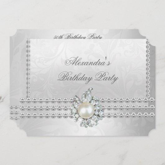 Invitation Élégante fête d'anniversaire Silver Diamond Pearl  (Devant / Derrière)