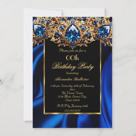 Invitation Elégante fête d'anniversaire Soie Royal bleu bijou (Devant)